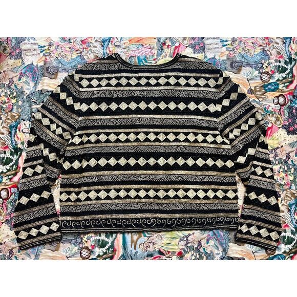 Vintage 1980s Black Gold Beaded Harlequin Deco Pattern Sz M Cardigan Jacket - Picture 2 of 6
